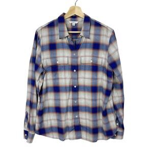 LL Bean Plaid Shirt‎ Womens Large Cotton Button Down Top Blue Tan